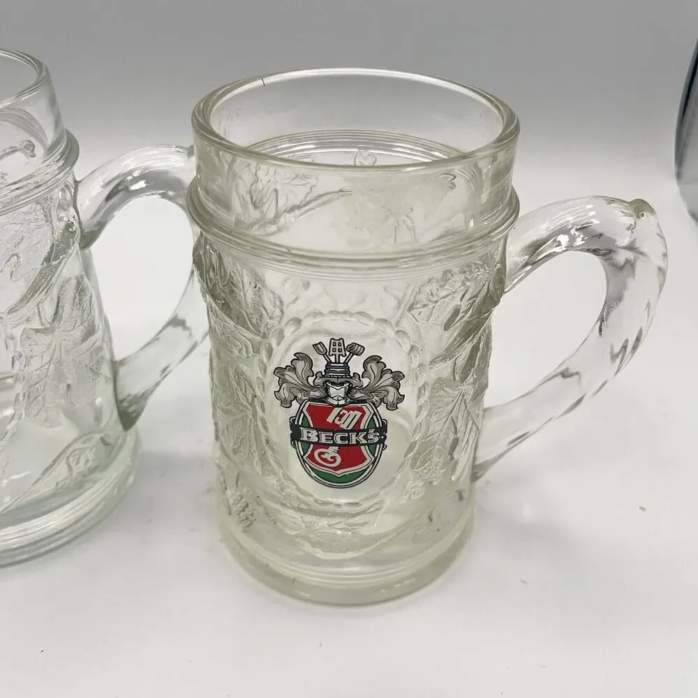 Becks Beer Heavy Thick Glass Mug Stein Grape Leaf Design Germany Set Of 2